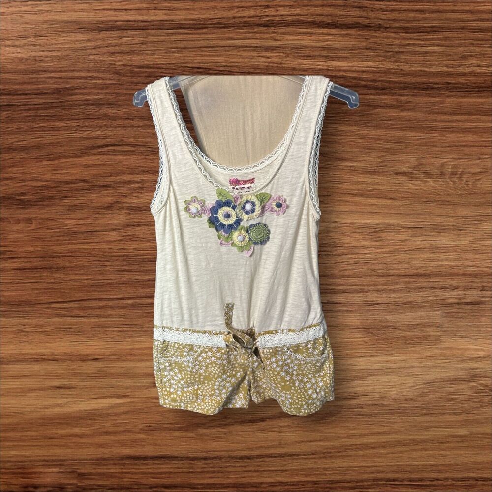 Humming Bohemian Shorts Romper Beige  Multi-color Embellished Belt Lace Size Sm